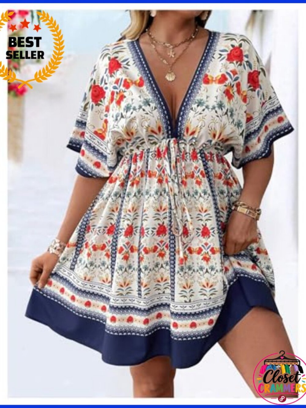 Plus Size V Neck Short Sleeve Ruffle Hem A Line Short Dress Casual Summer - Picture 3 of 5